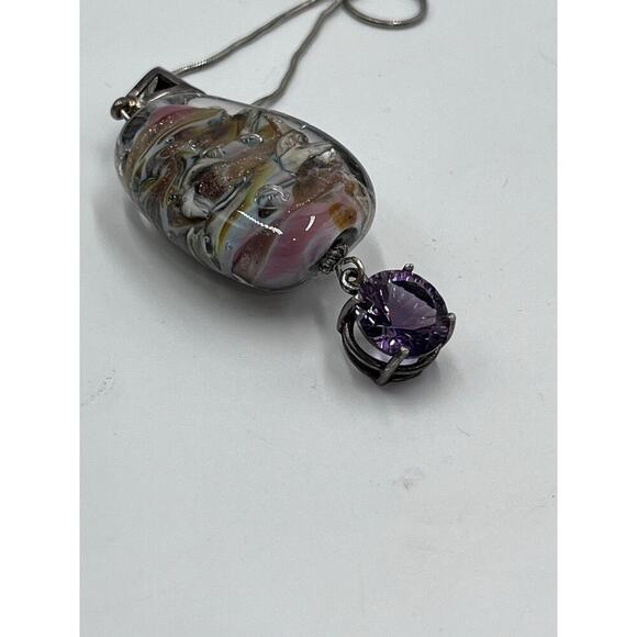 Sterling Silver Pink Gold Art Glass Helix Solitaire Amethyst Pendant Necklace - Picture 5 of 11